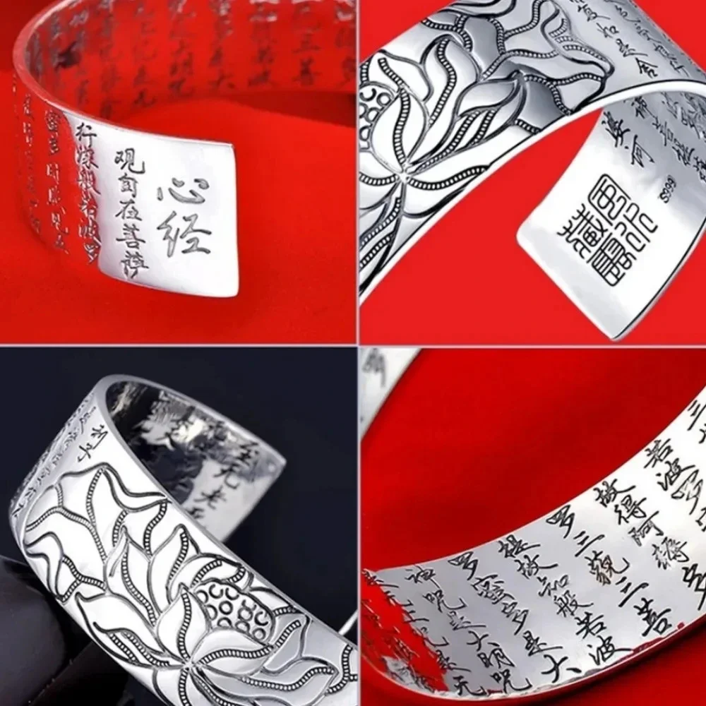 Unisex‎ Large S999 Thai Pure Silver Lotus Cuff Bracelet, Adjustable